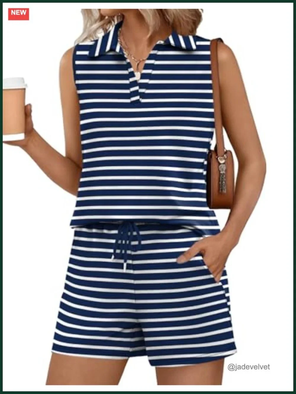 Two Piece Lounge Set Sleeveless V Neck Top and Drawstring Shorts